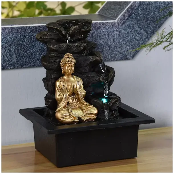Zen vandfontne med aftagelig Buddha, LED-lys og fredfyldt energi