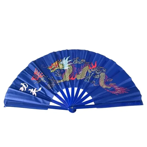 Kinesisk vifte med farverigt dragemotiv  spirituel dekoration i sort eller bl