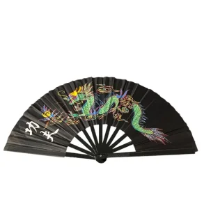 Kinesisk vifte med farverigt dragemotiv � spirituel dekoration i sort eller bl�
