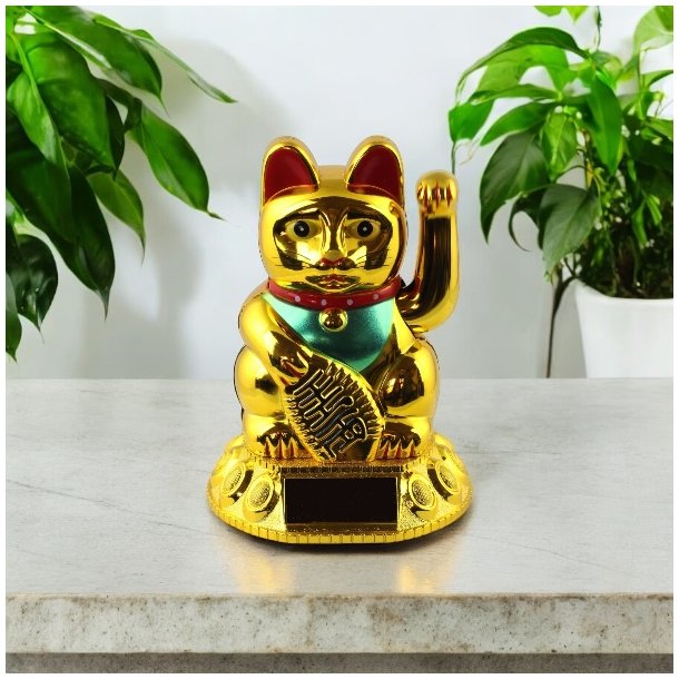 Guldfarvet Maneki Neko  symbolet p held, rigdom og god energi.