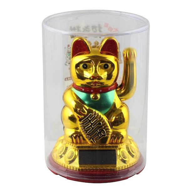 Guldfarvet Maneki Neko  symbolet p held, rigdom og god energi.