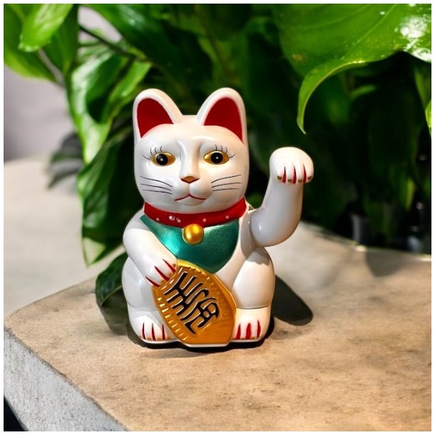 Hvid Lucky Cat Maneki Neko (15 cm)  bring held, velstand og harmoni ind i dit liv.
