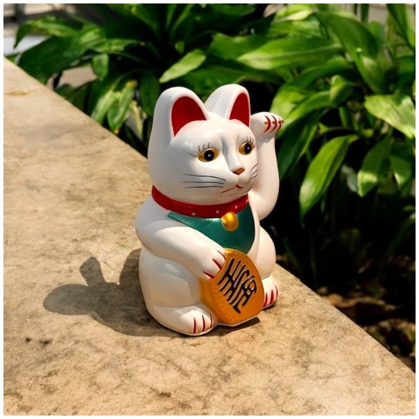 Hvid Lucky Cat Maneki Neko (15 cm)  bring held, velstand og harmoni ind i dit liv.