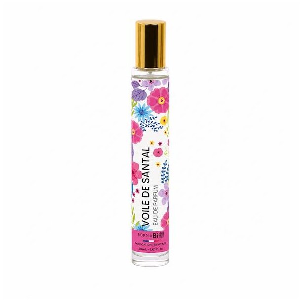 Voile de Santal eau de parfum 30 ml fra Born to Bio med hvid baggrund og elegant fransk parfumedesign